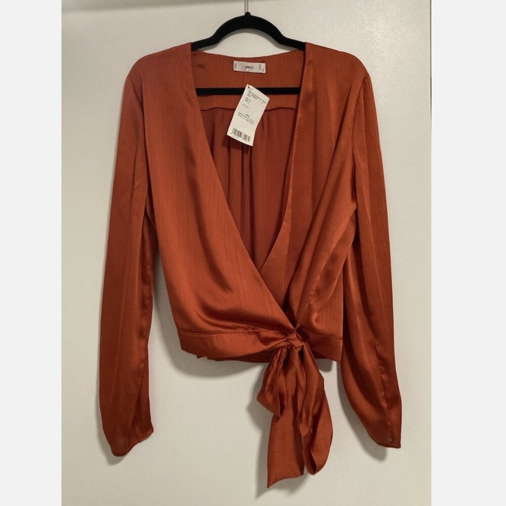 NWT MNG Red Orange Loose Long Sleeve Tie V-Neck Blouse Women's Large - in Size 8